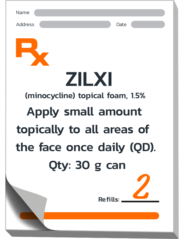Icon style illustration of an Rx pad with instructions for using Zilxi 1.5%